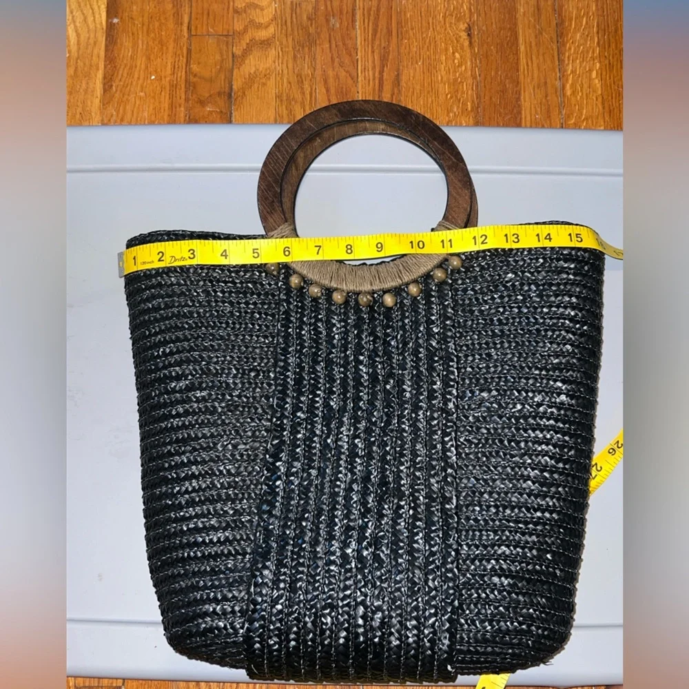 Black Woven Tote Bag with Wooden Handles - Picture 8 of 10